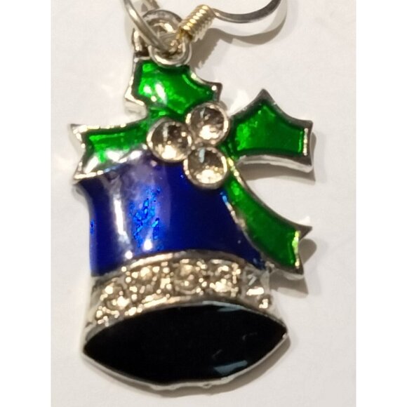 Christmas Bell Earrings Silver Blue Holly Dangle Drop Hook Silver Vintage Enamel - Picture 2 of 4